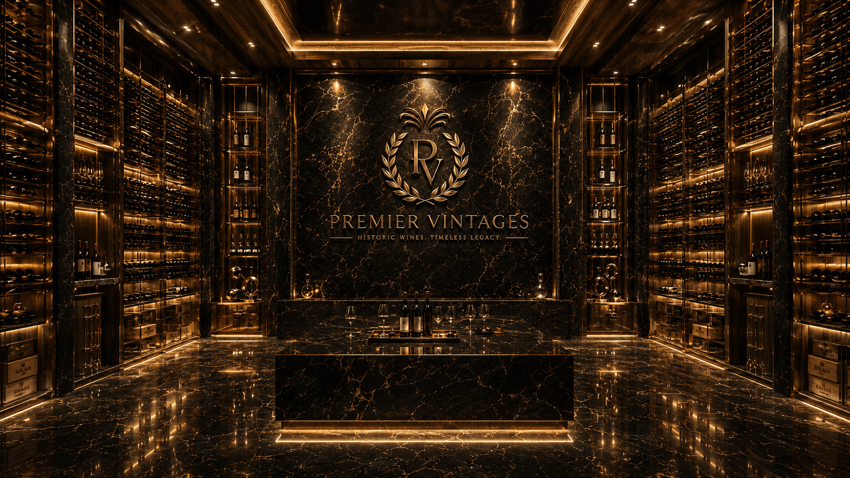 Cava Premier Vintages — mármol negro con vetas doradas, estanterías iluminadas con vinos históricos europeos y emblema dorado PV con corona de laurel en la pared del fondo